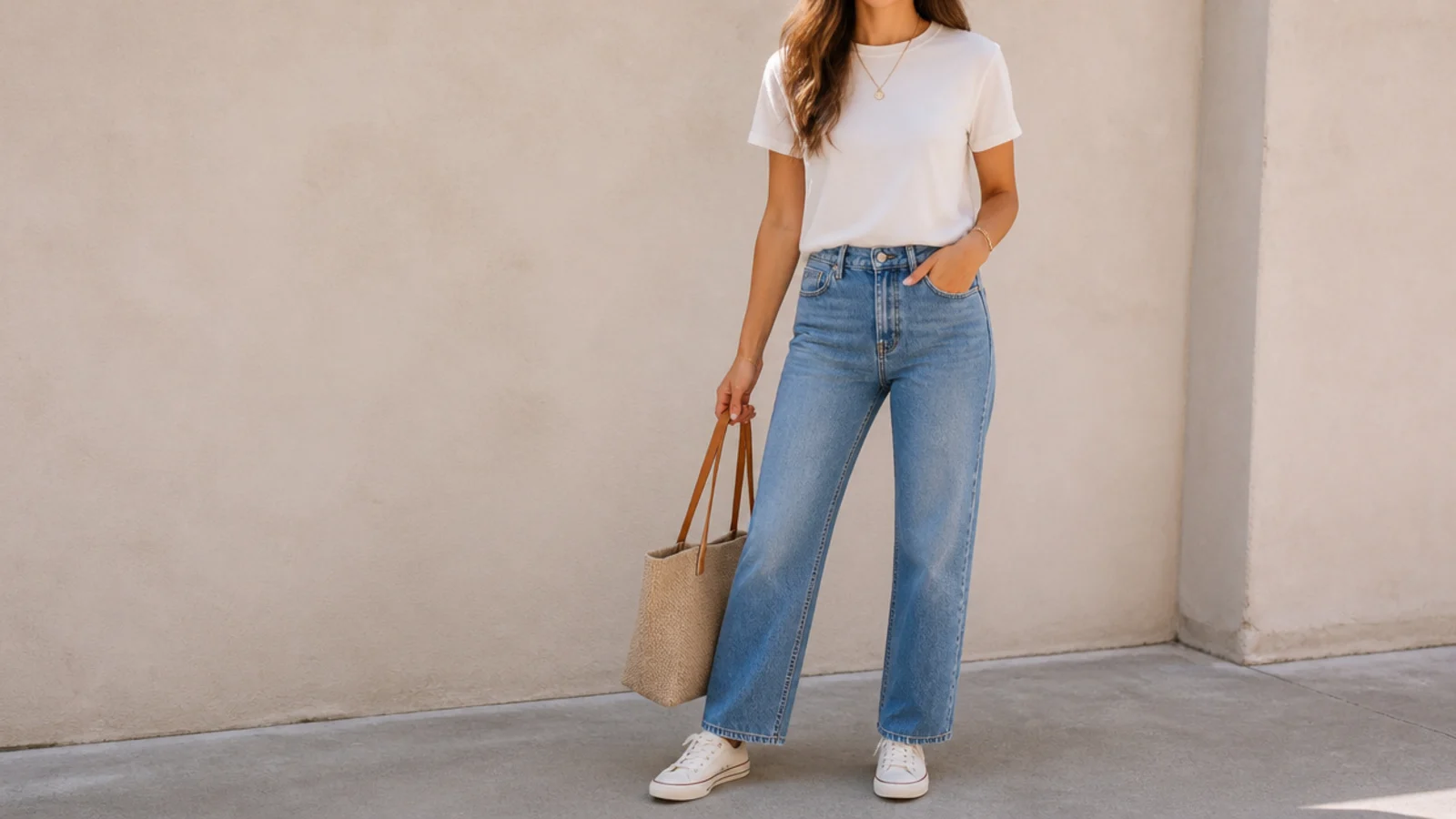 Faceless everyday denim outfit with straight-leg jeans, a white tee and sneakers