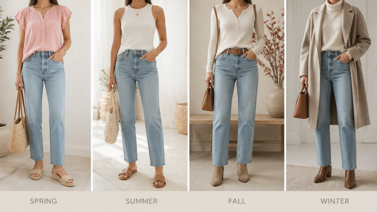 Faceless grid of one pair of straight-leg jeans styled four ways for spring, summer, fall and winter