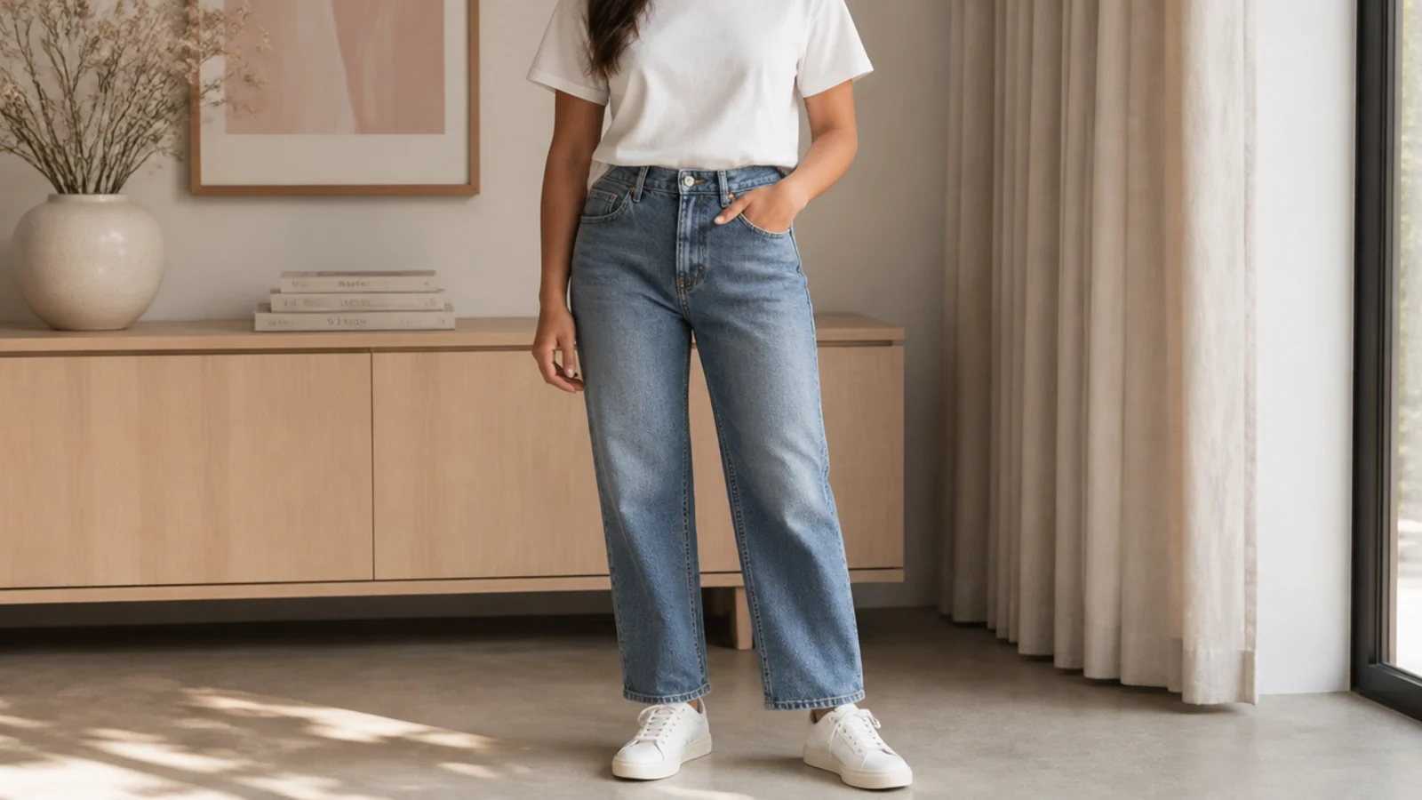 Faceless waist-up shot of a tucked white crew tee with mid-wash straight-leg jeans and white leather sneakers