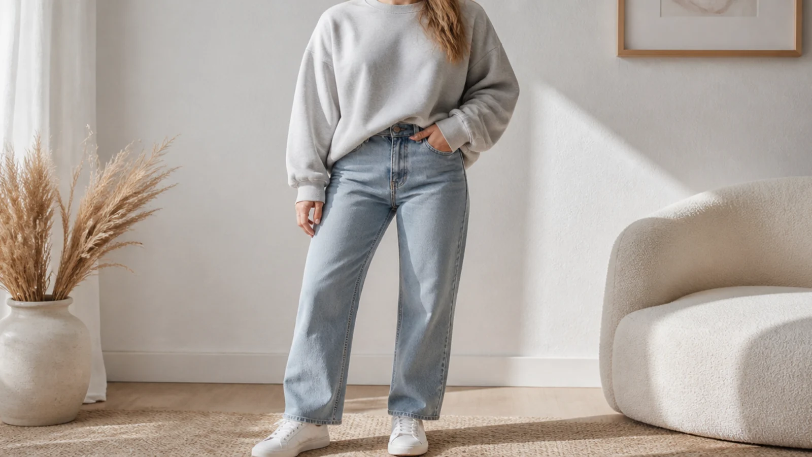 Faceless waist-up shot of an oversized gray crewneck sweatshirt with high-rise mom jeans and white sneakers