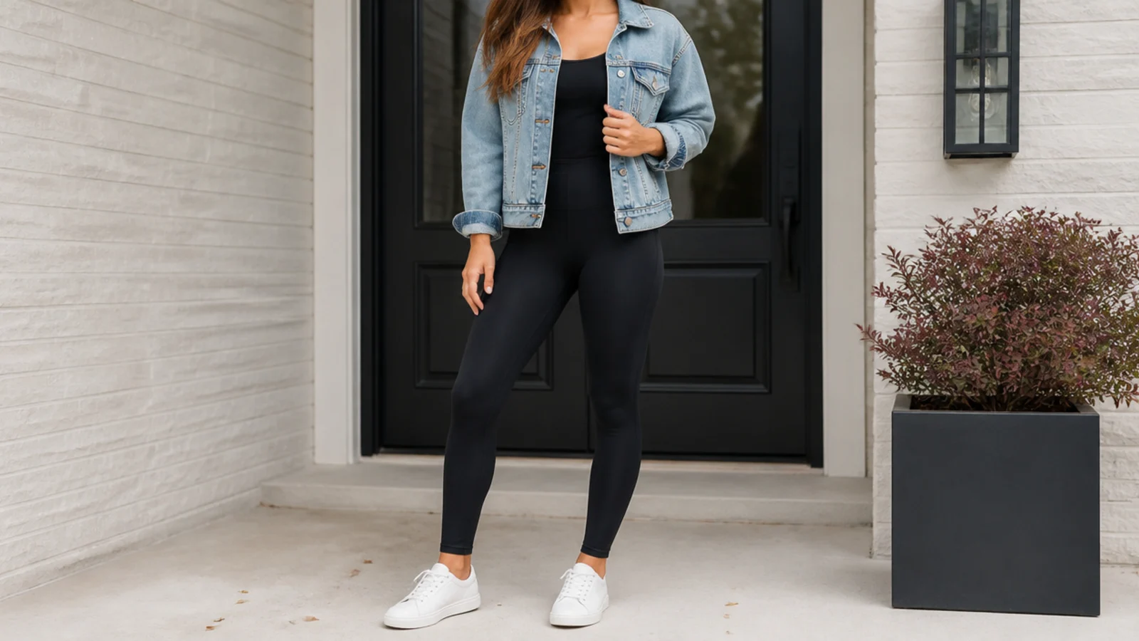 Faceless shot of a mid-wash denim jacket over a black tank and black leggings with white sneakers