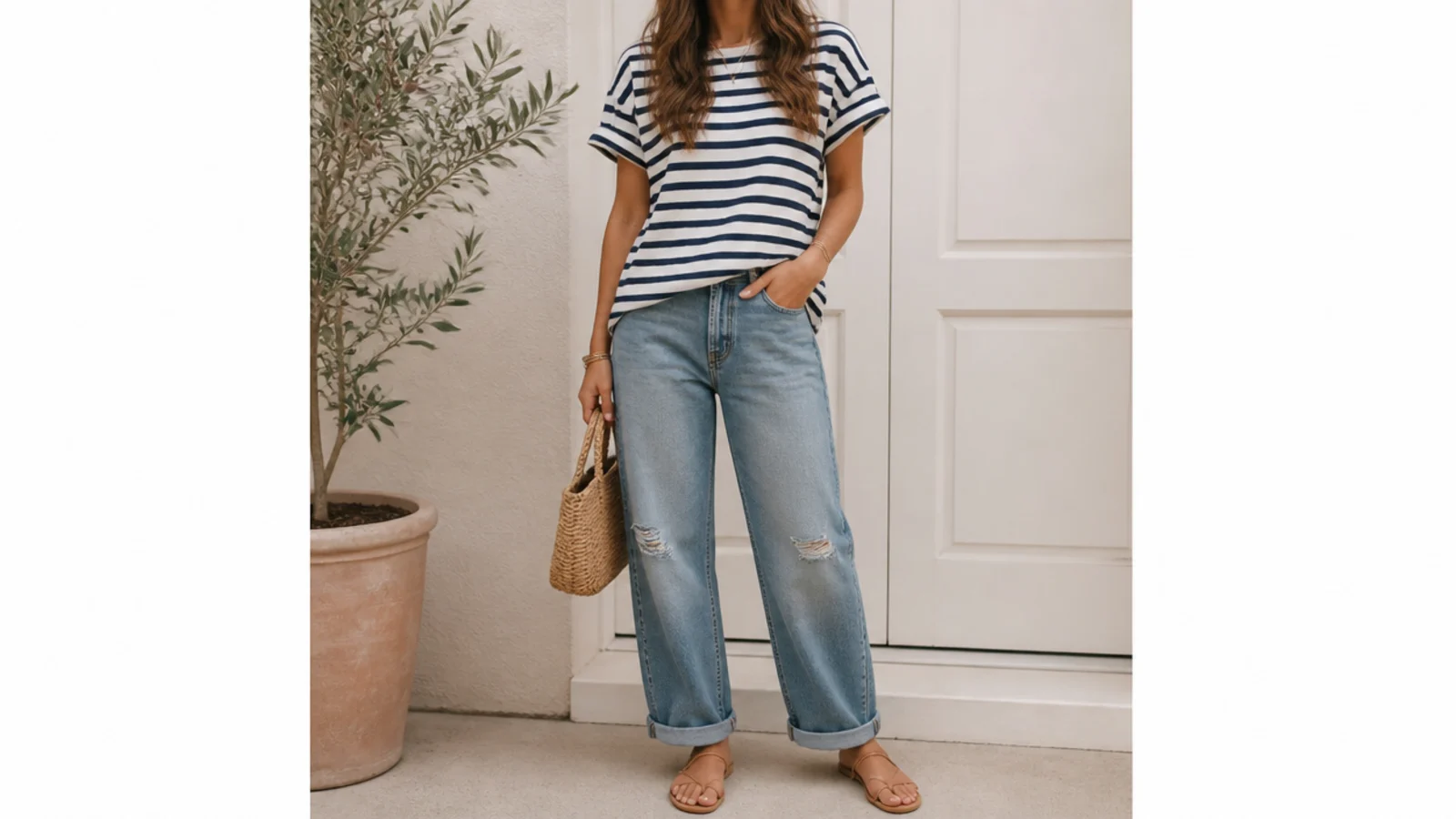Faceless waist-up shot of a navy-and-white breton striped tee with relaxed boyfriend jeans and tan sandals