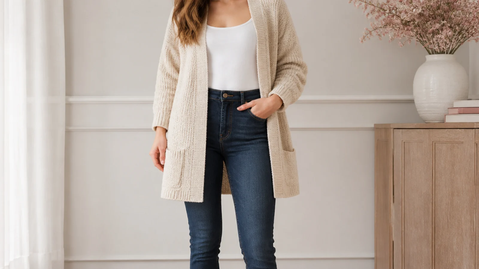 Faceless waist-up shot of an open oatmeal knit cardigan over a white tank with dark skinny jeans and ballet flats