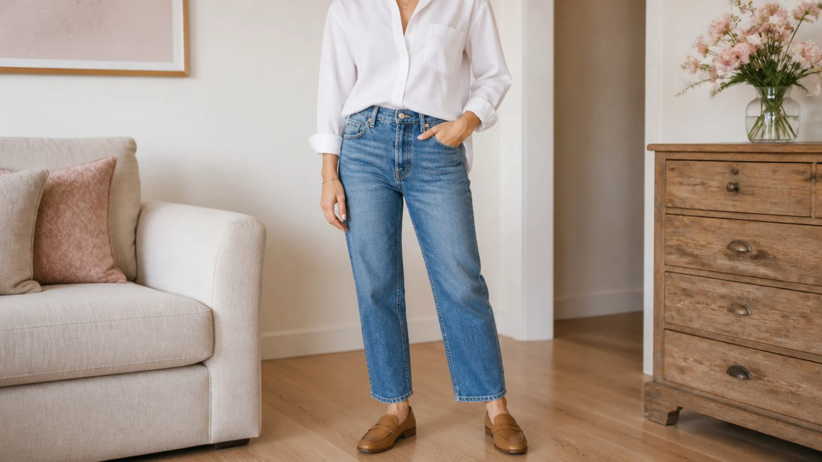Faceless waist-up shot of a crisp white cotton button-down tucked into mid-wash straight jeans with tan penny loafers