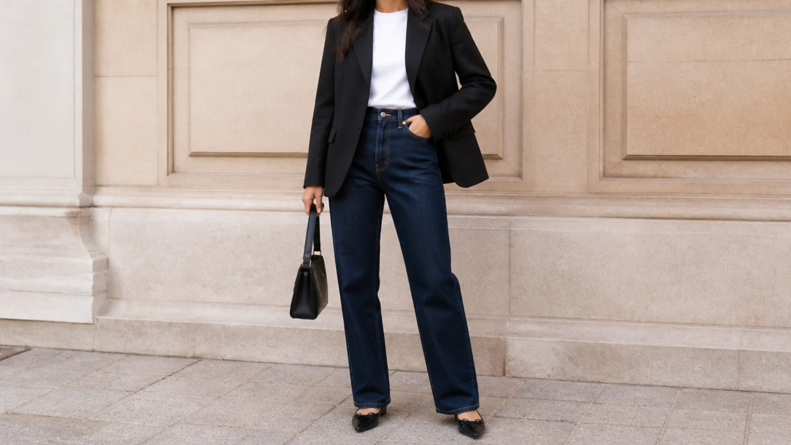 Faceless shot of a black tailored blazer over a white tee with dark indigo straight jeans and pointed flats
