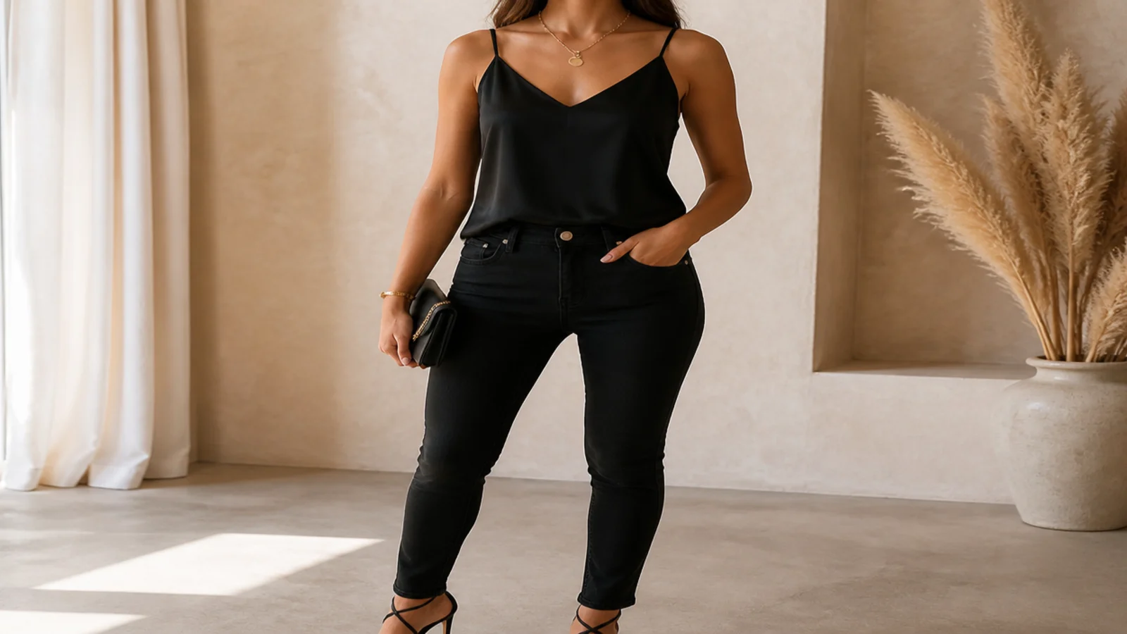 Faceless waist-up shot of a black satin camisole with black skinny jeans and strappy black heels
