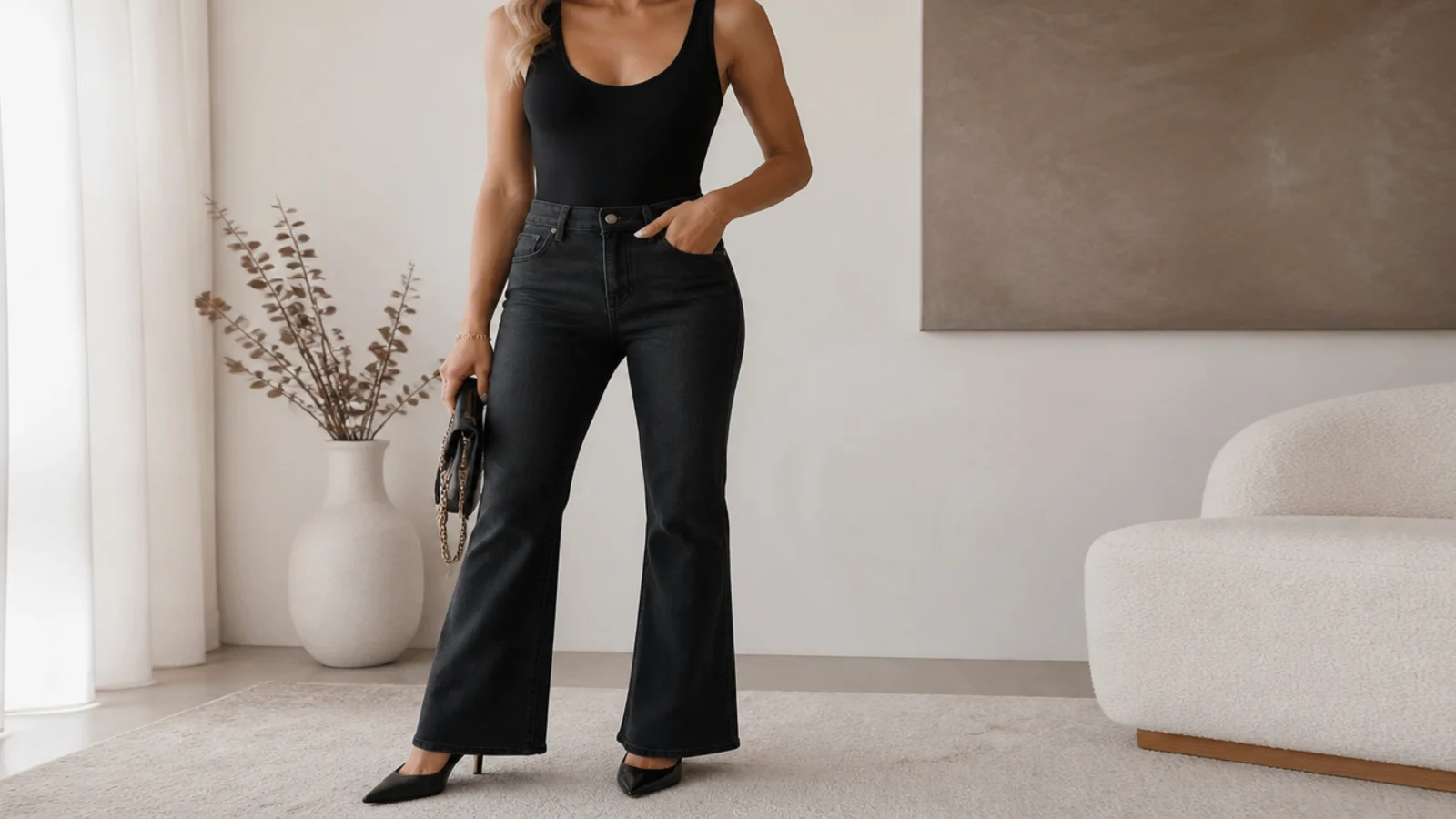 Faceless waist-up shot of a black scoop-neck bodysuit with dark high-rise flare jeans and pointed heels
