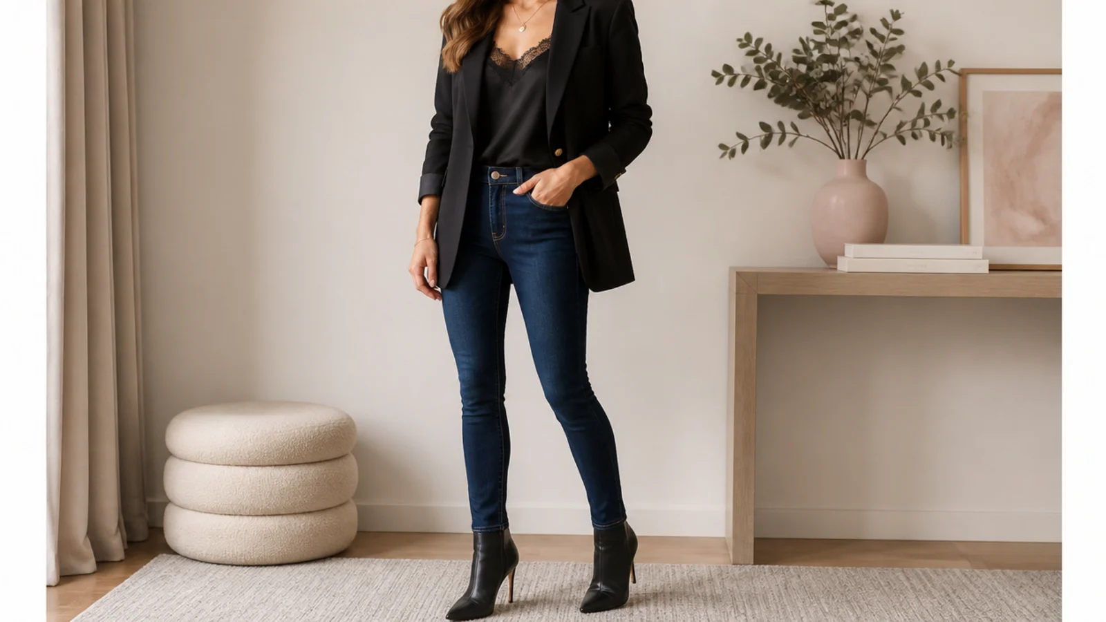 Faceless shot of a black blazer over a black lace-trim camisole with dark indigo skinny jeans and heeled boots