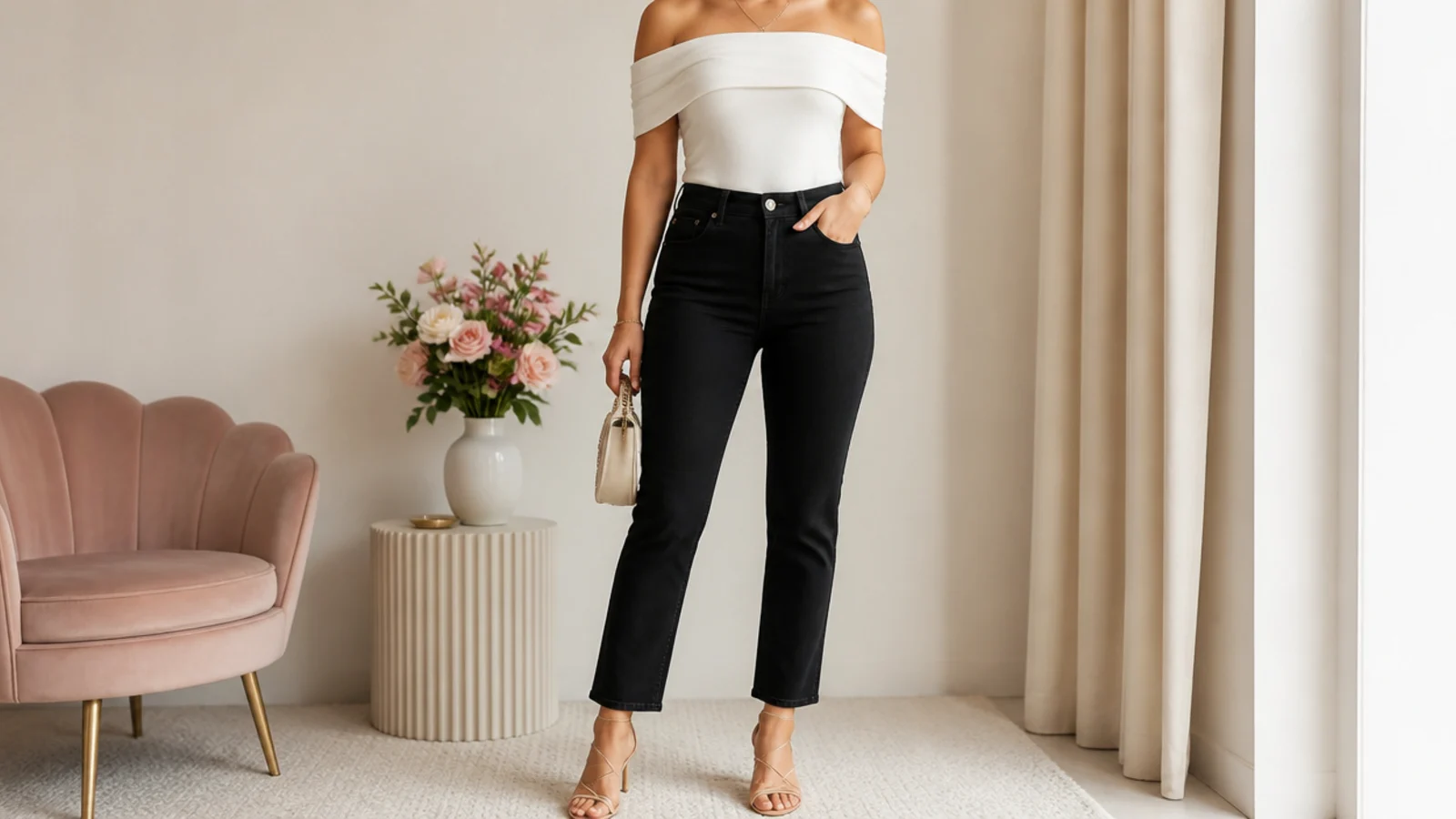 Faceless waist-up shot of a white off-shoulder top with black high-rise jeans and strappy heeled sandals