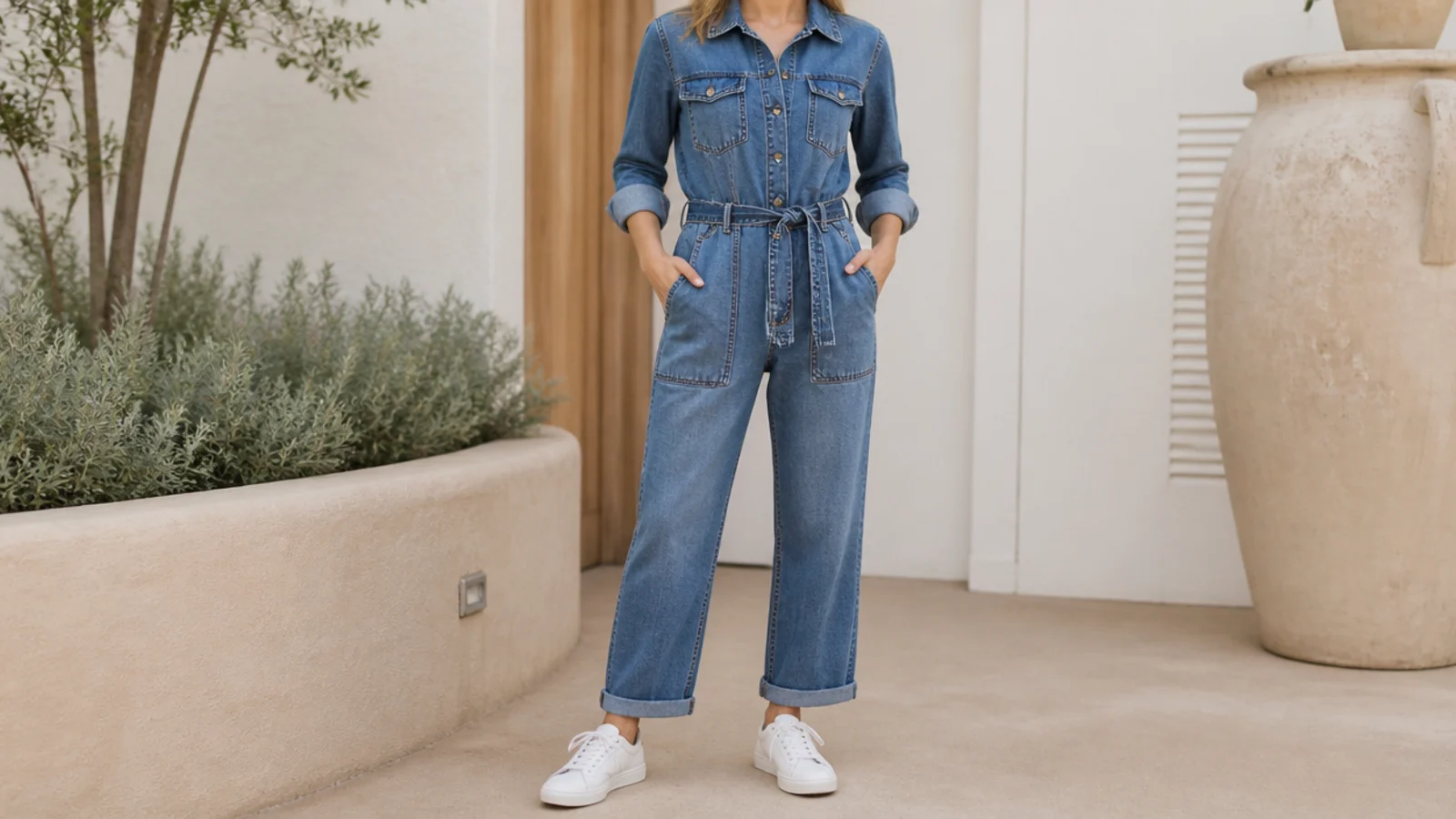 Faceless full-length shot of a mid-wash utility denim jumpsuit belted at the waist with white sneakers