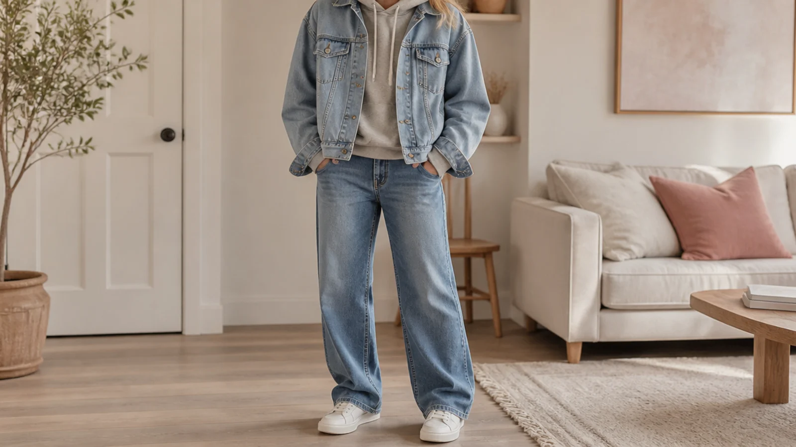 Faceless shot of a gray hoodie layered under a mid-wash denim jacket with relaxed jeans and white sneakers
