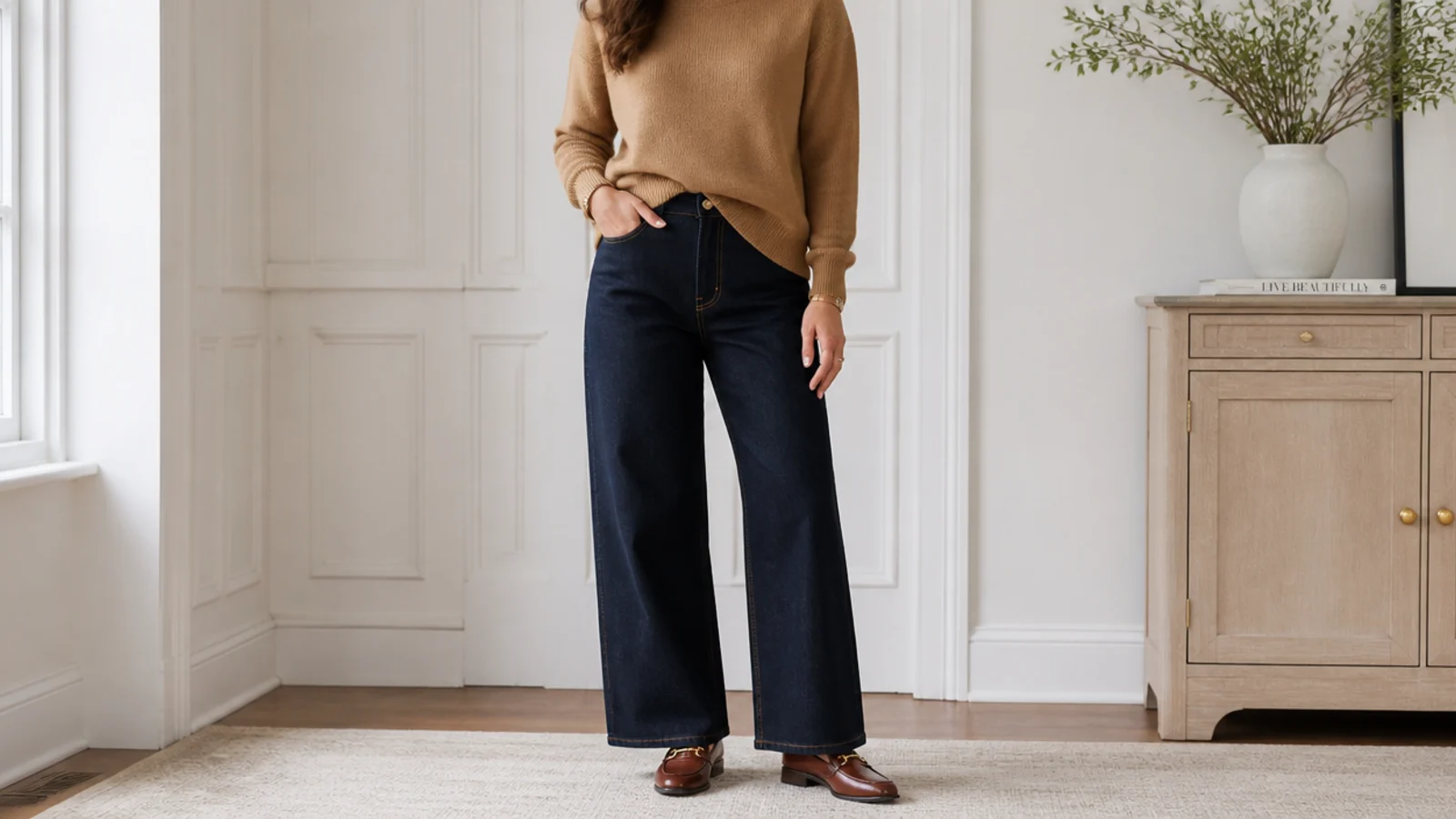 Faceless waist-up shot of a camel crewneck sweater with dark wide-leg jeans and brown loafers