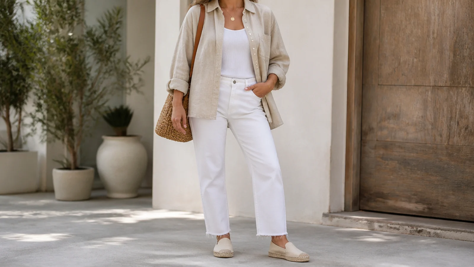 Faceless waist-up shot of an open beige linen shirt over a white tank with white straight jeans and espadrilles