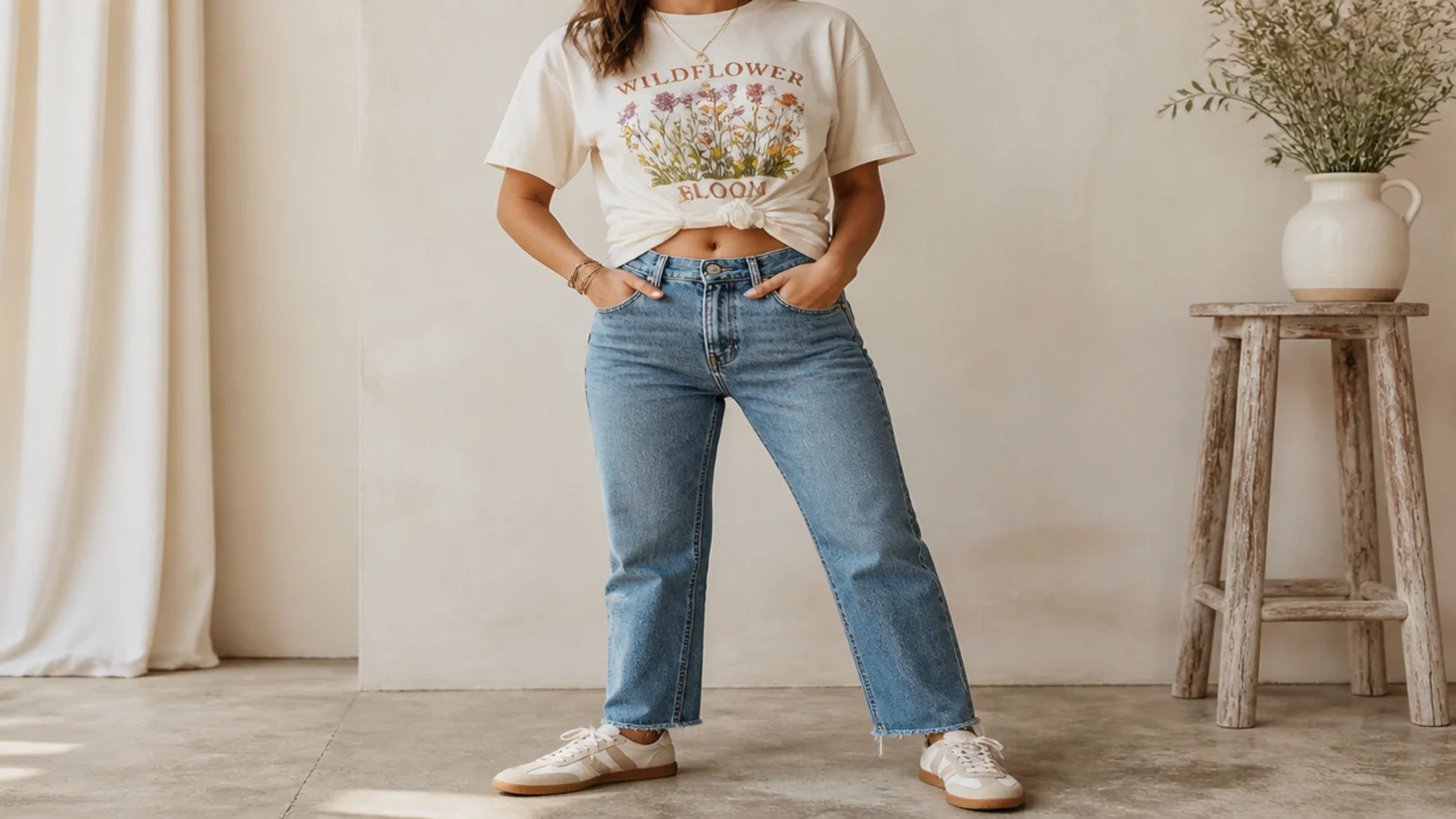 Faceless waist-up shot of a vintage-style graphic tee front-knotted over mid-wash straight jeans with retro sneakers