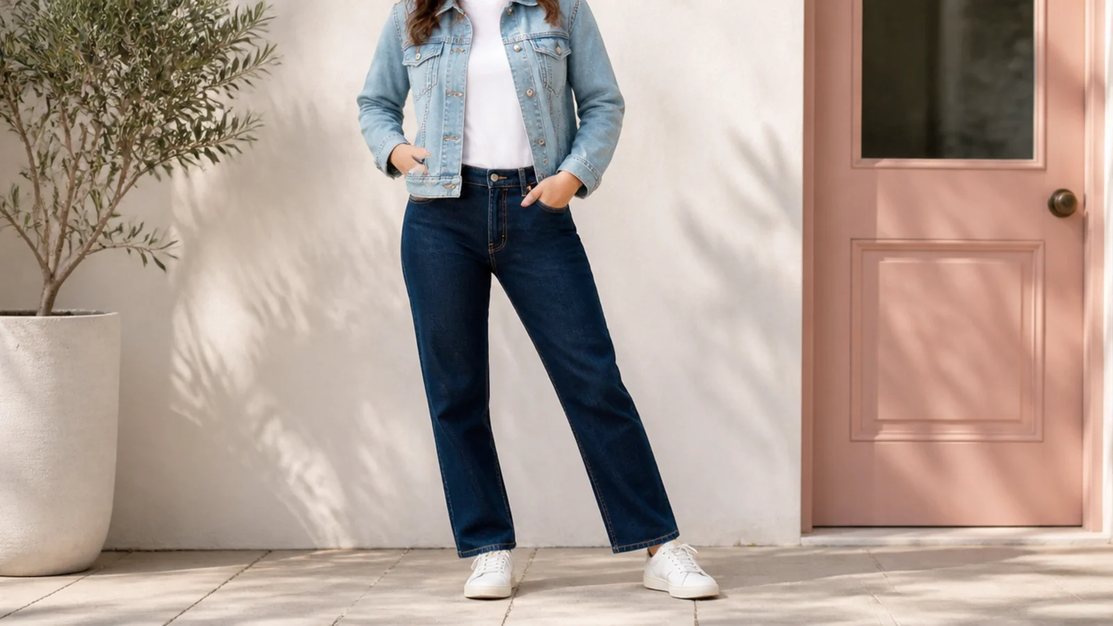 Faceless shot of a light-wash denim jacket over a white tee with dark indigo straight jeans and white sneakers