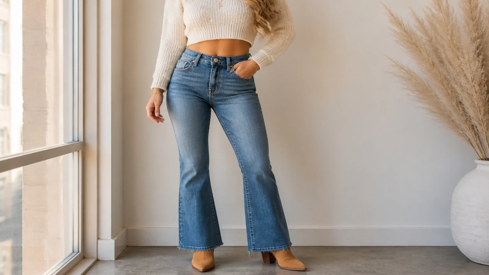 Faceless waist-up shot of a cream cropped knit sweater with high-rise mid-wash flare jeans and tan ankle boots