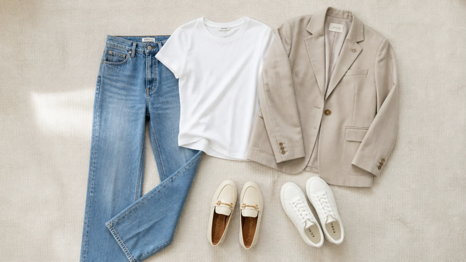 Faceless flat lay of mid-wash straight jeans, a white tee, a blazer, loafers and white sneakers