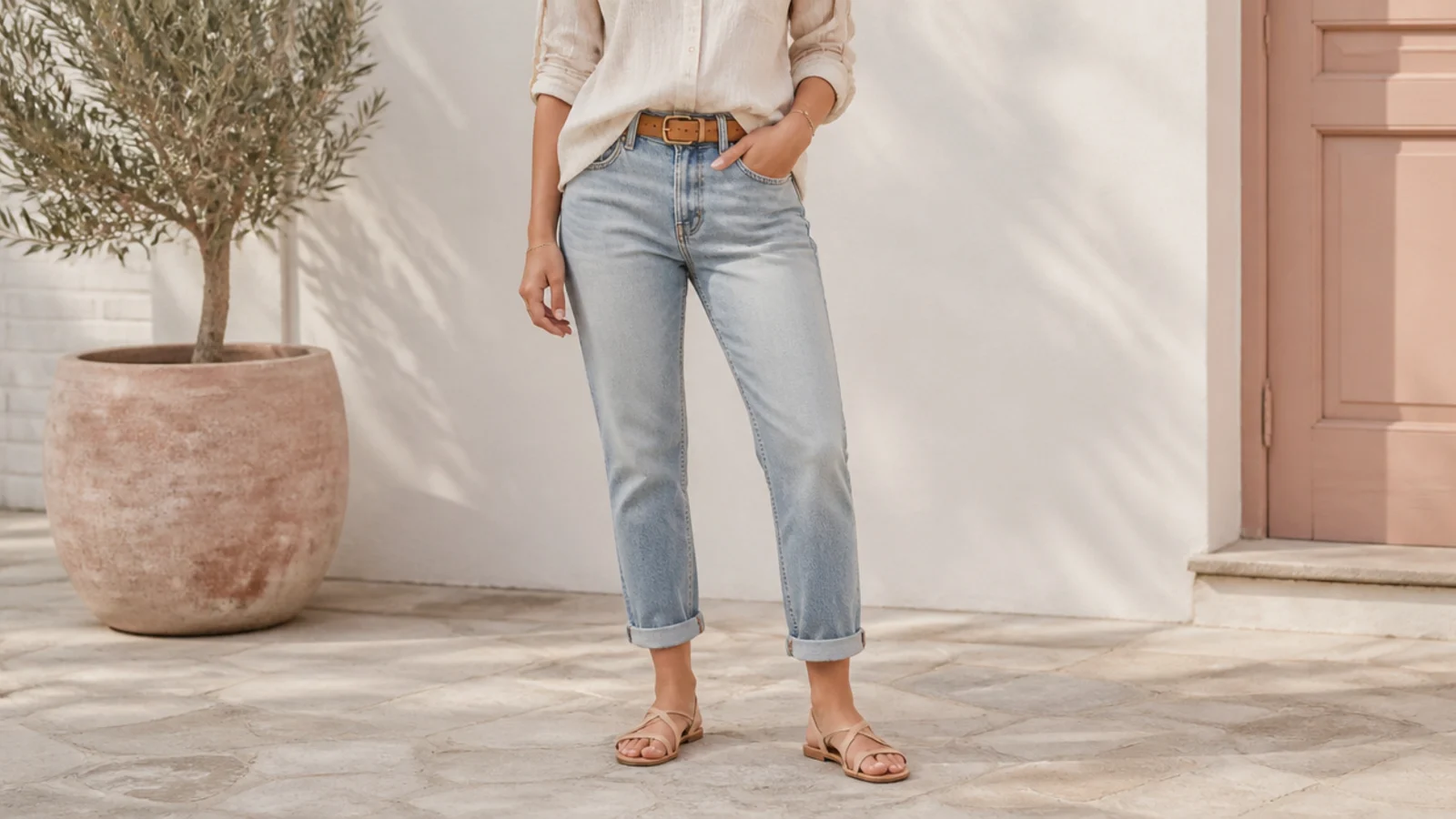 Faceless close-up of a belted jean waistband, a cuffed hem and a front-tucked top
