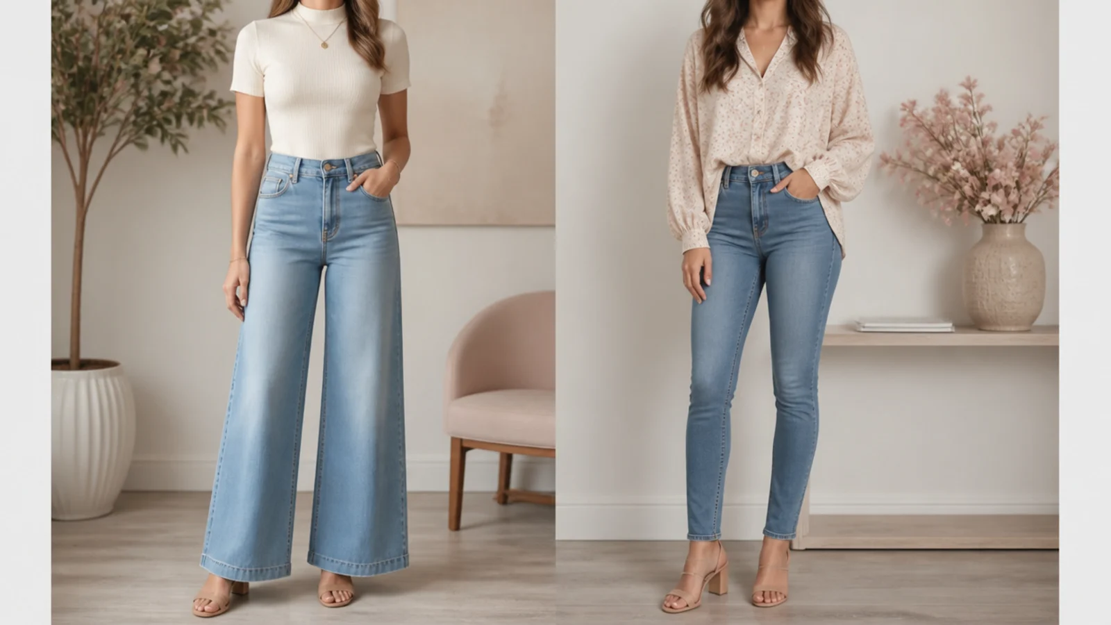Faceless side-by-side of a fitted top with wide-leg jeans and a loose top with skinny jeans