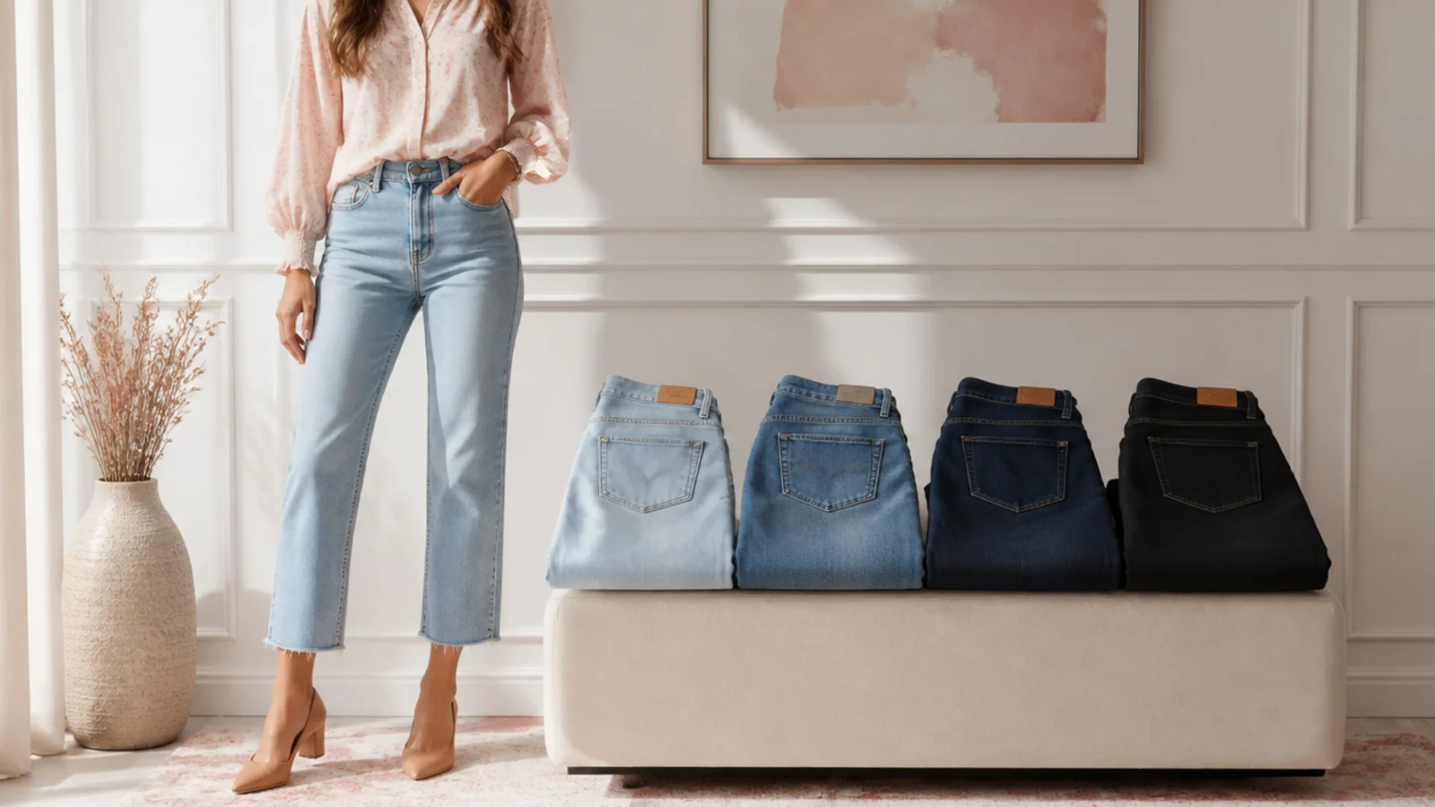 Faceless comparison of light-wash, mid-wash, dark indigo and black jeans folded in a row