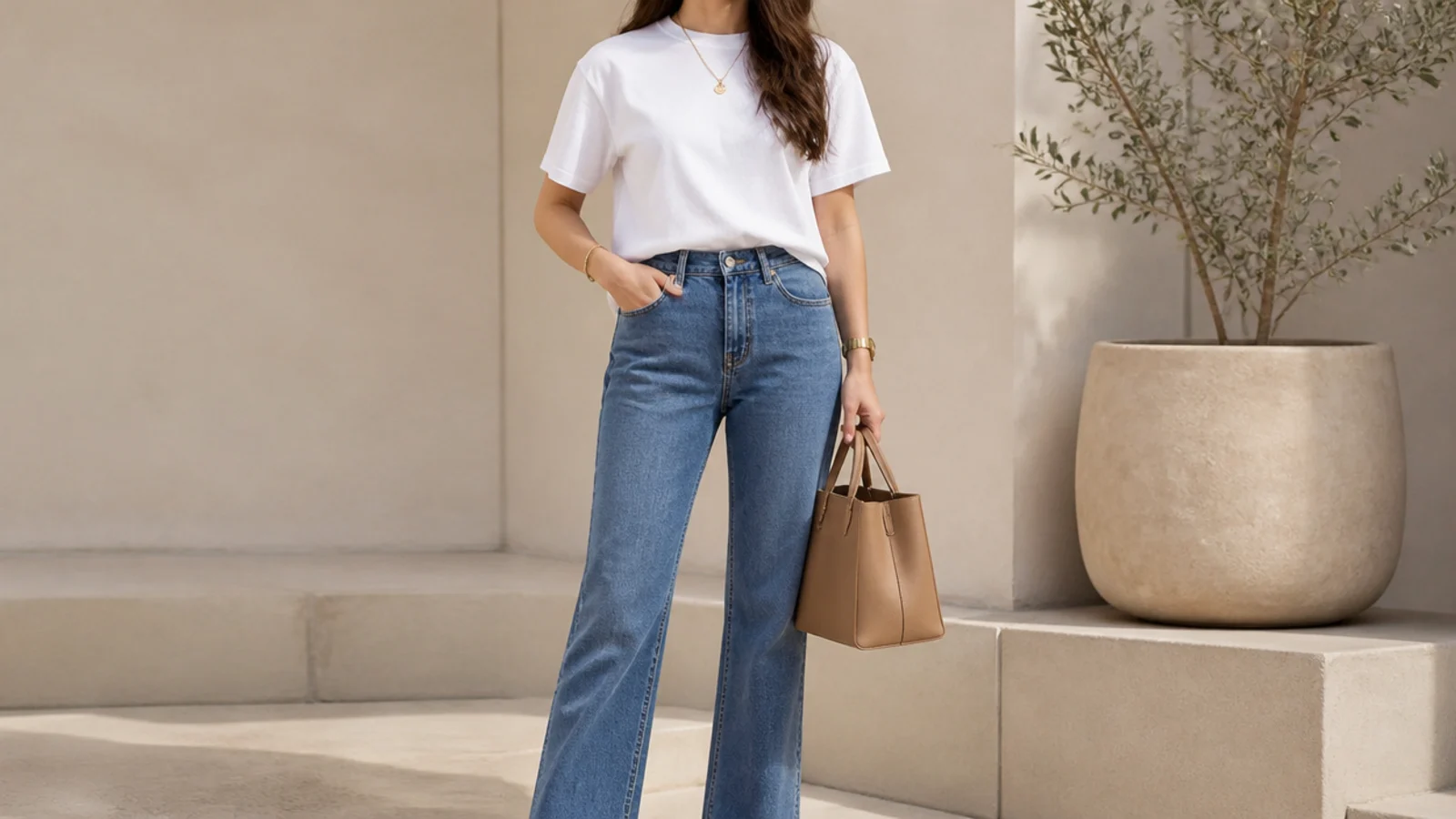 Faceless denim outfit with straight-leg jeans, a tucked white tee and a structured tan bag