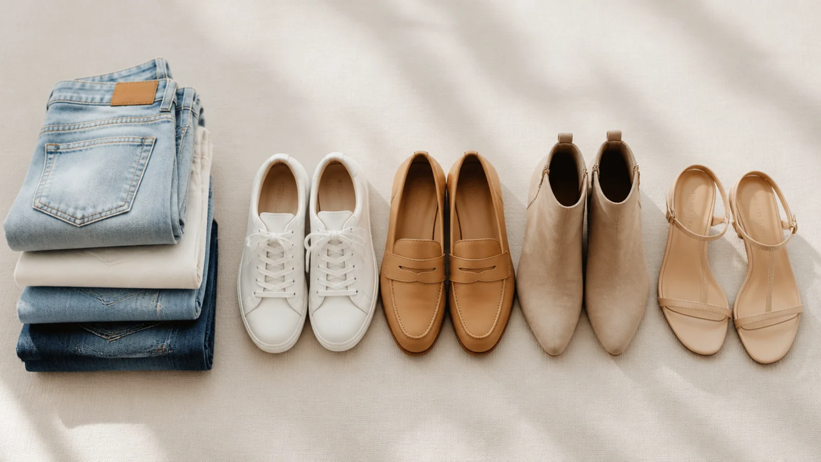 Faceless flat lay of white sneakers, tan loafers, ankle boots and strappy heels beside folded jeans