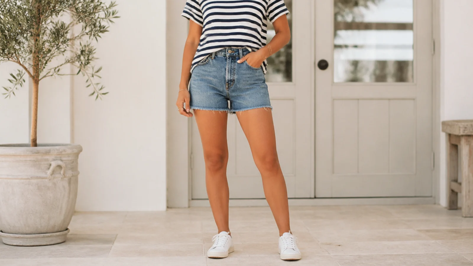Faceless outfit with a navy and white striped Breton tee tucked into mid-blue denim shorts and white sneakers