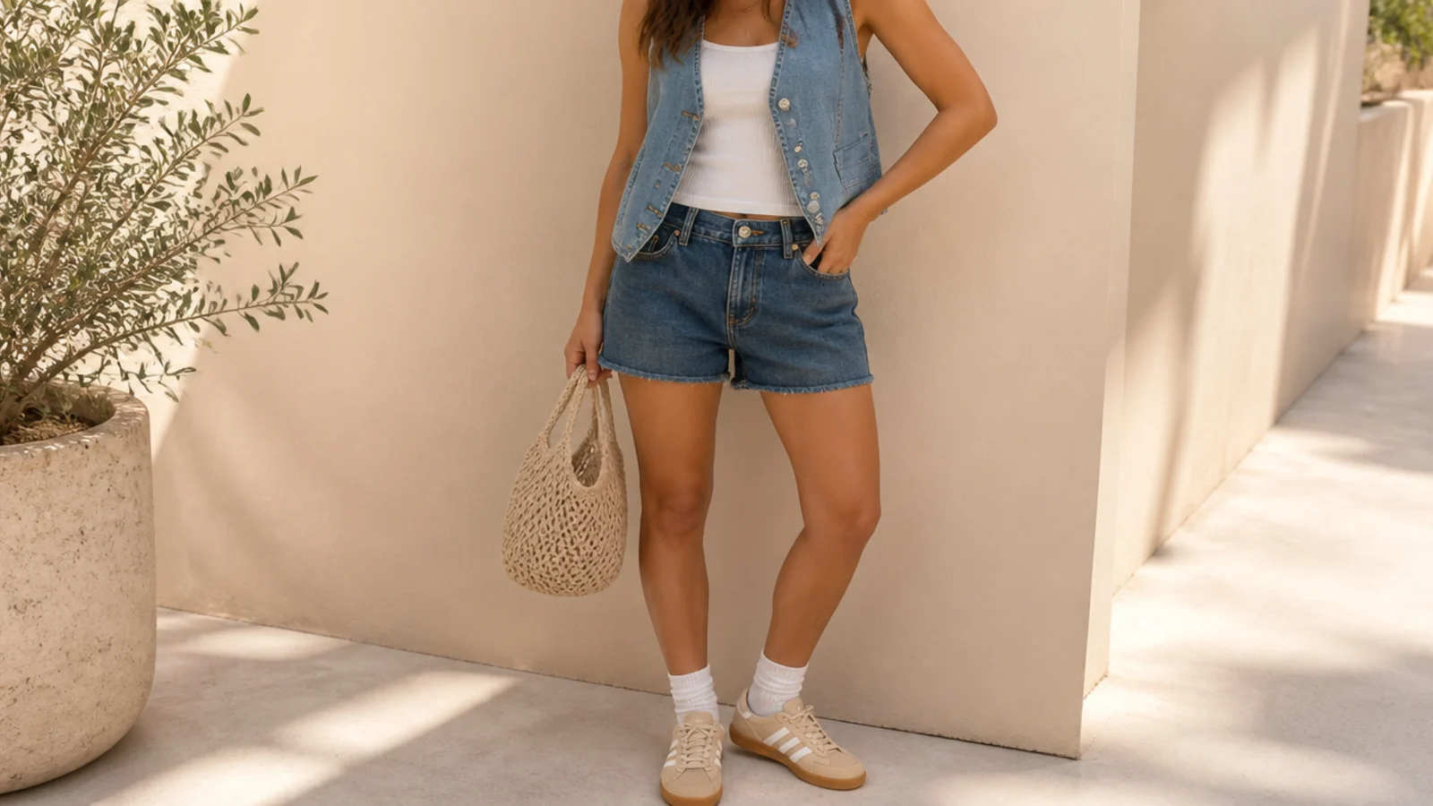 Faceless double-denim outfit with a cropped denim vest over a white tank and contrasting-wash denim shorts