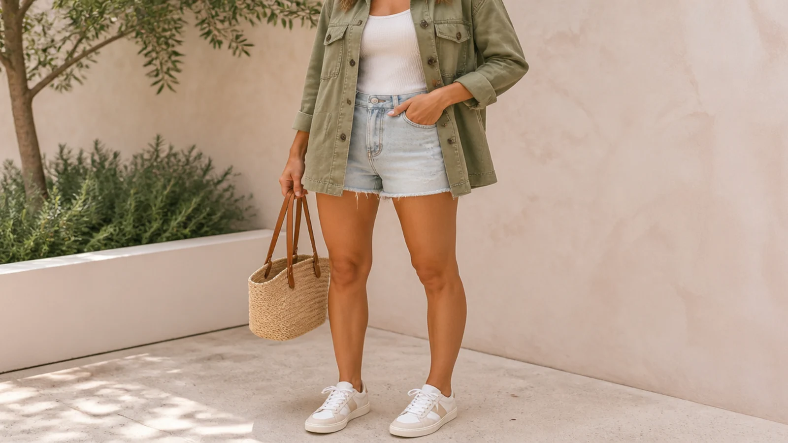 Faceless outfit with an olive utility jacket over a tank and denim shorts with white sneakers
