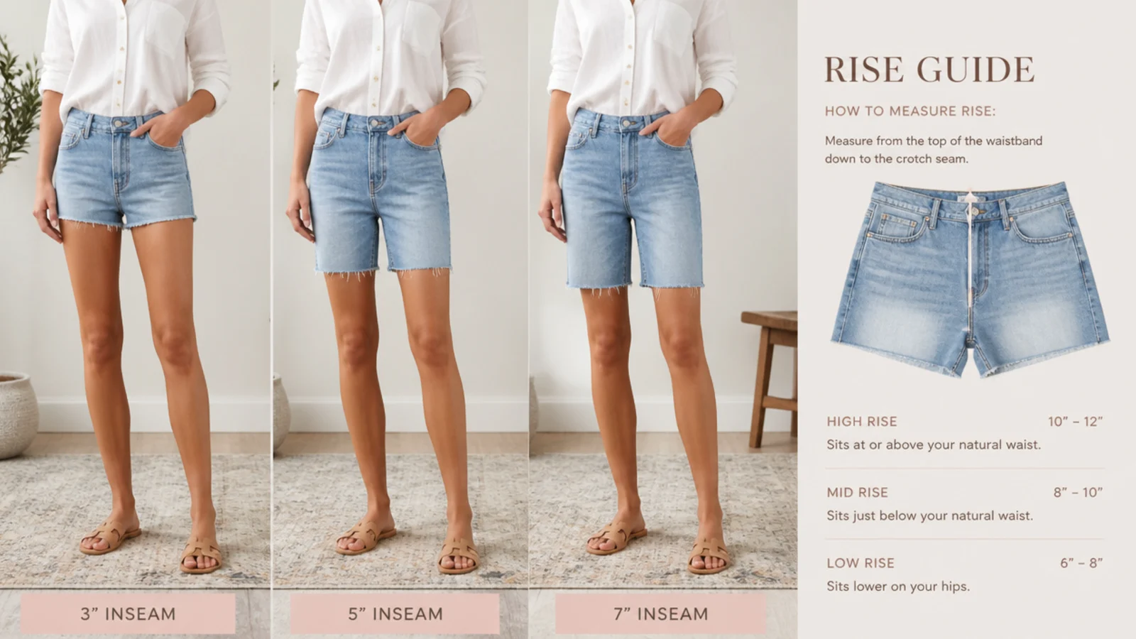 Faceless flat-lay comparing a 3-inch, 5-inch and 7-inch Bermuda inseam denim short beside a rise measurement guide
