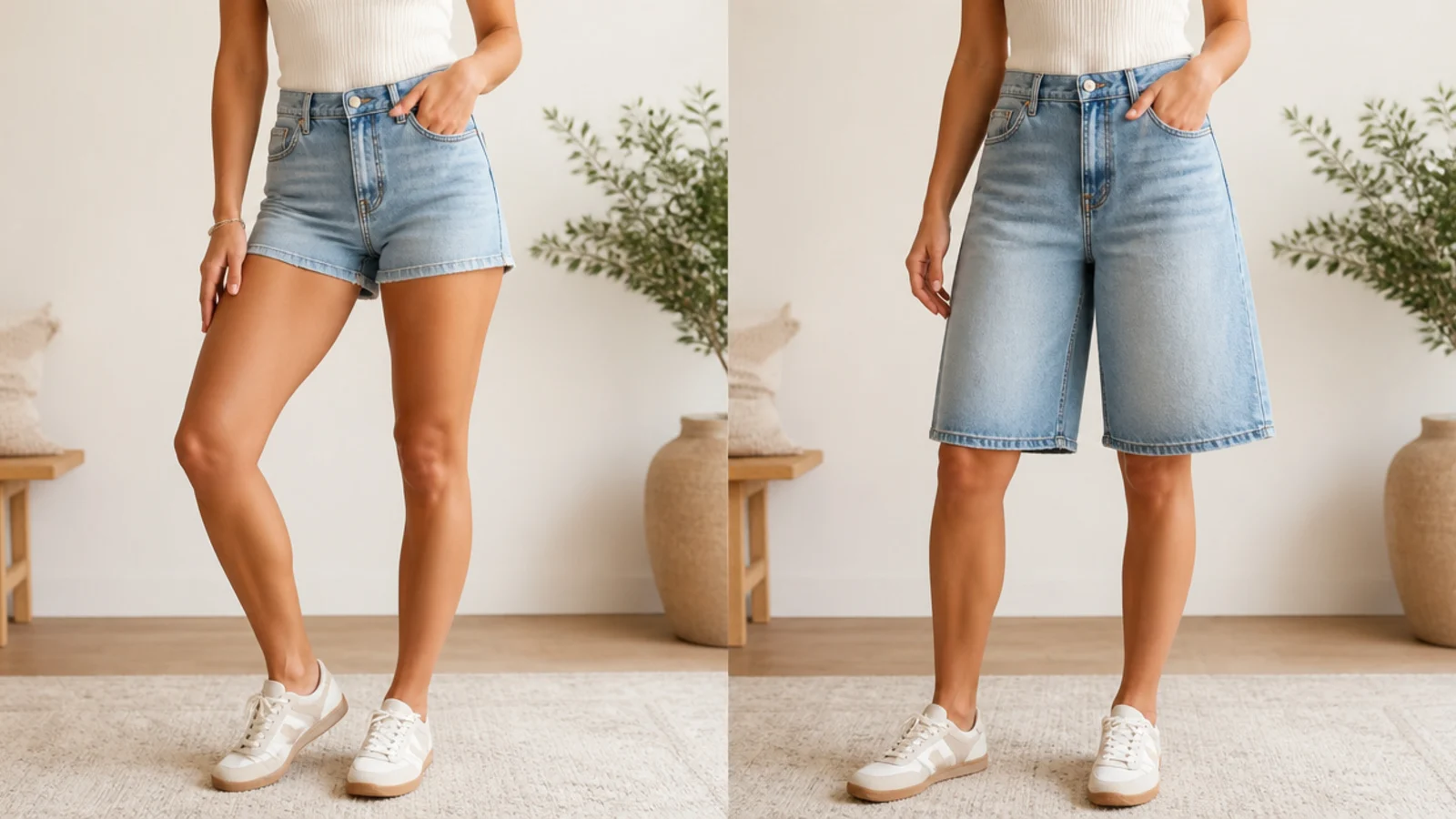 Faceless side-by-side of a fitted 3-inch denim short and a longer baggy knee-length jort