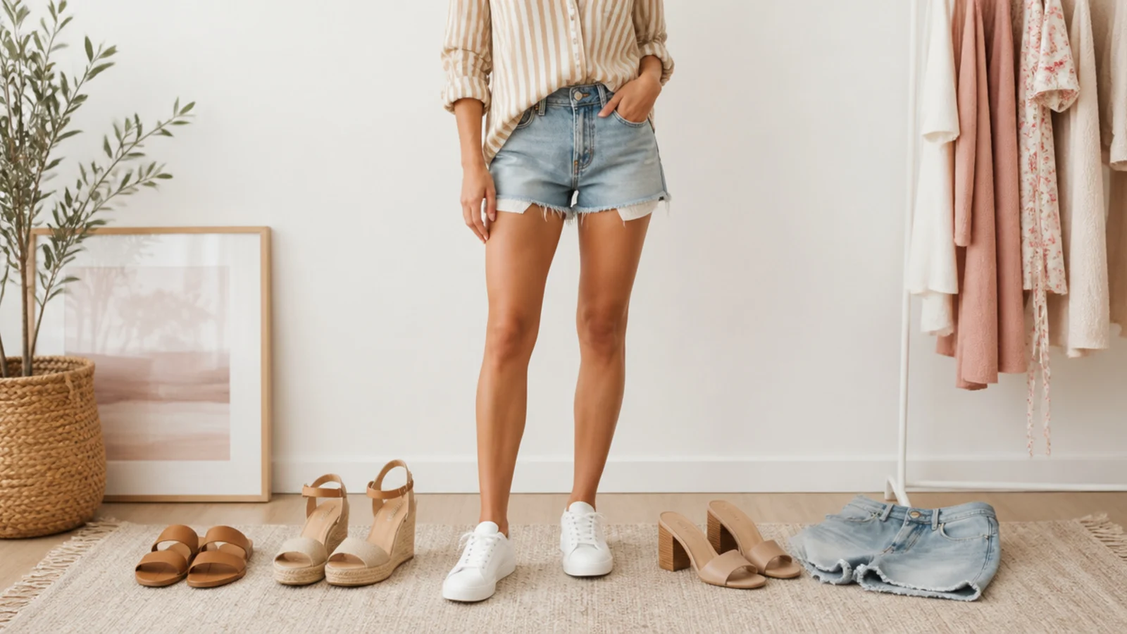 Faceless flat-lay of white sneakers, tan leather sandals, espadrille wedges and block-heel mules beside denim shorts