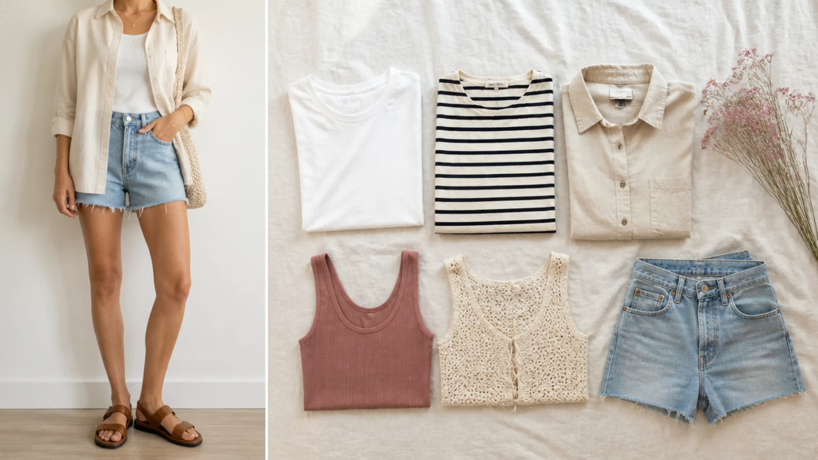 Faceless flat-lay of a white tee, a striped Breton top, a button-down shirt, a ribbed tank and a crochet top beside denim shorts
