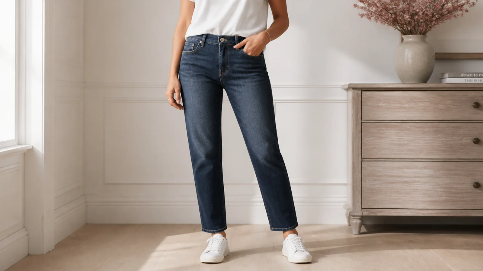 Faceless outfit with mid-rise dark-wash straight-leg jeans, a tucked white tee and white sneakers