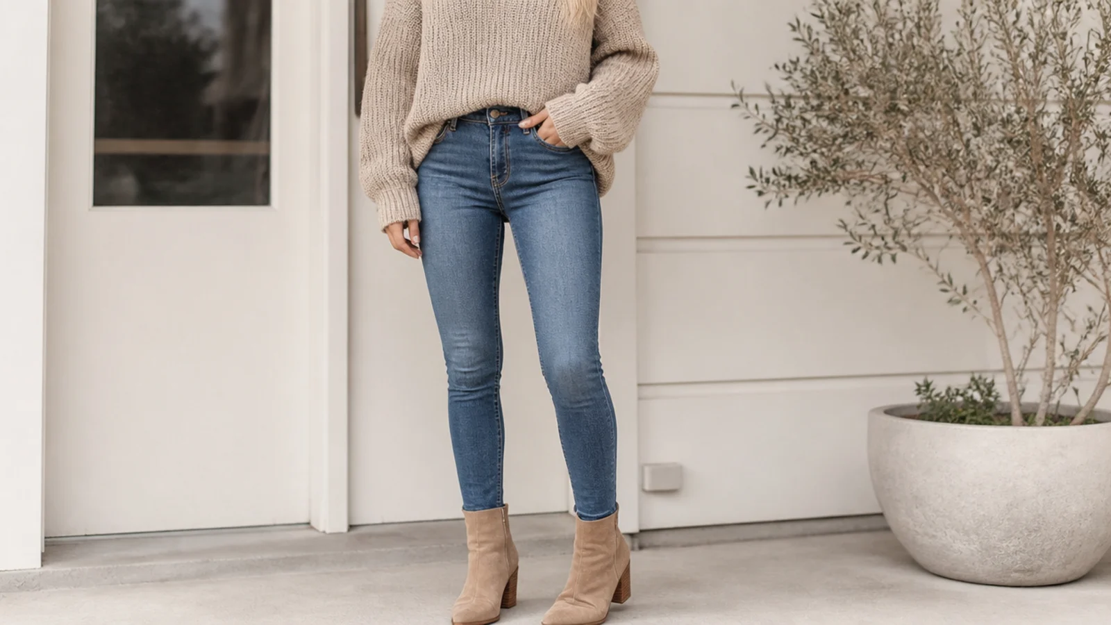 Faceless outfit with high-rise skinny jeans, an oversized sweater and heeled ankle boots