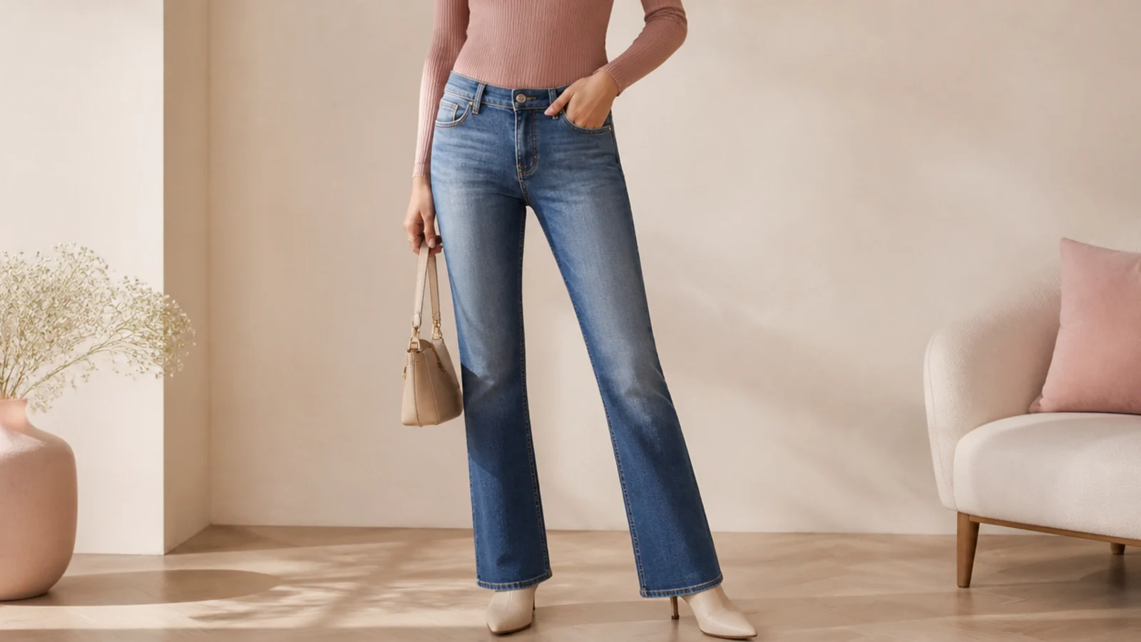Faceless outfit with mid-rise bootcut jeans, a fitted ribbed top and pointed heeled boots