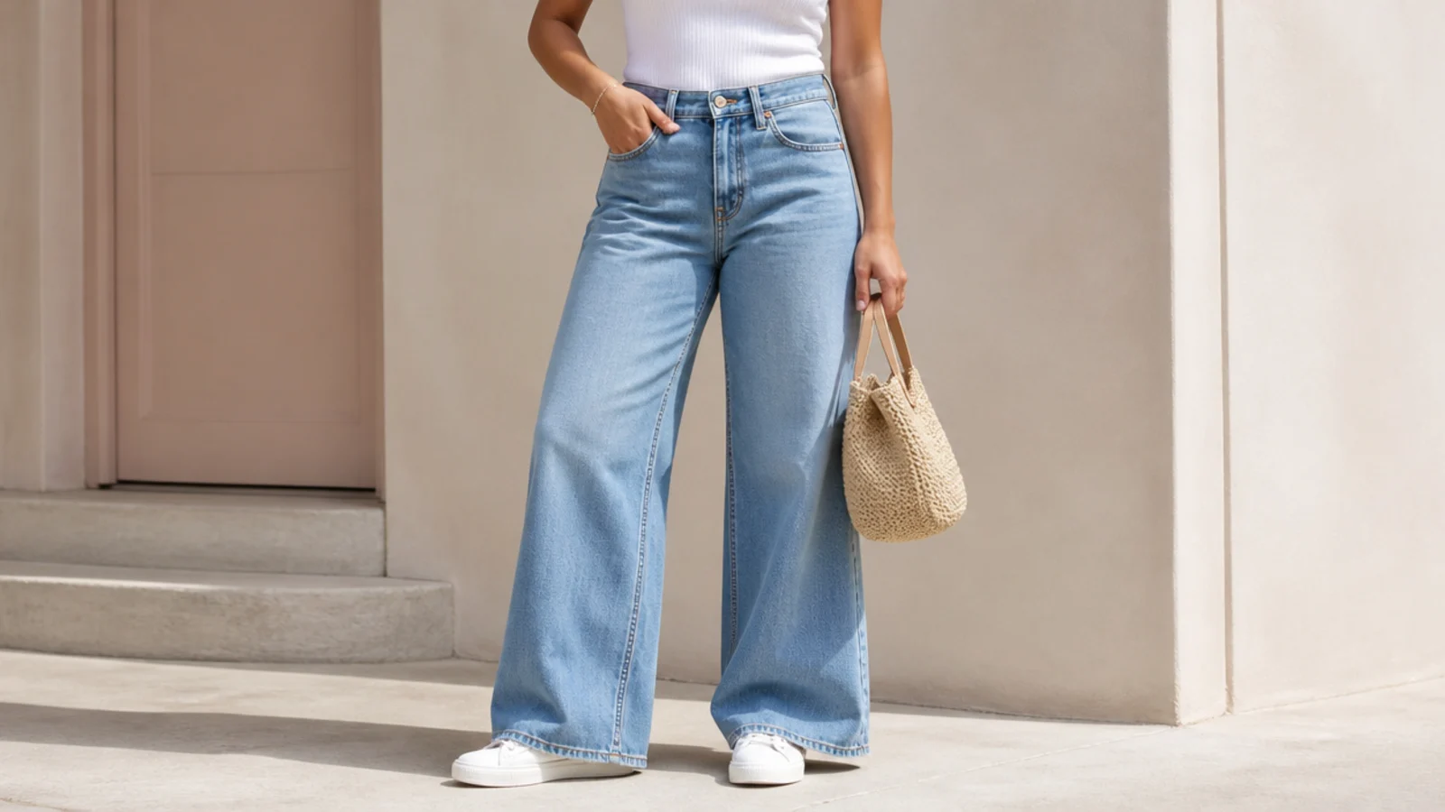 Faceless outfit with high-rise wide-leg jeans, a fitted tucked tank and white sneakers