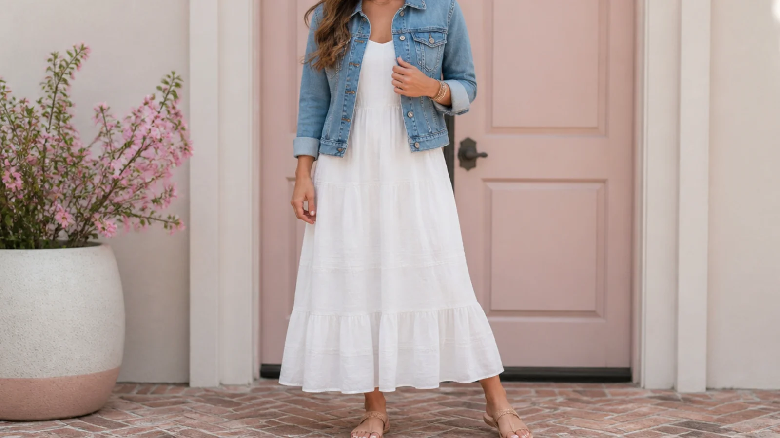 Faceless outfit with a mid-wash denim jacket layered over a white dress with sandals