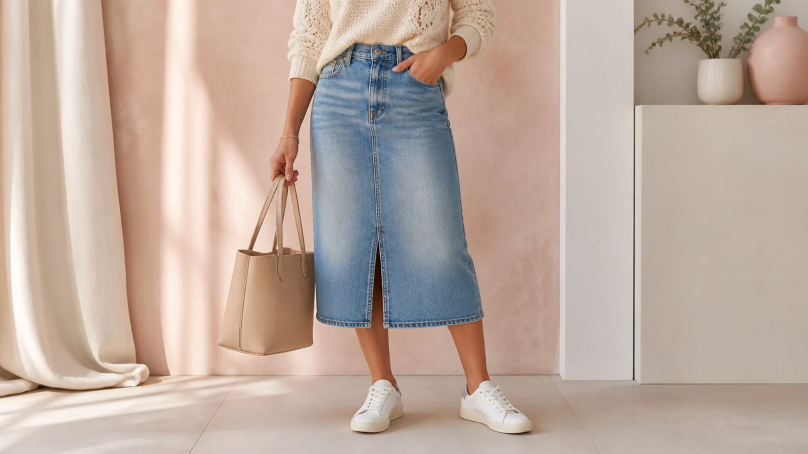 Faceless outfit with a midi denim skirt, a tucked knit top and white sneakers