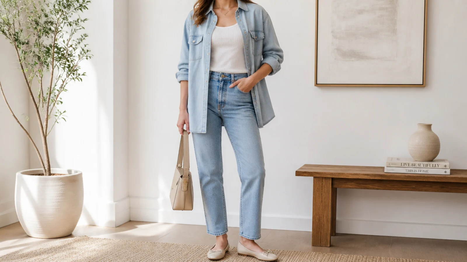 Faceless outfit with a light chambray denim shirt worn open over a tank with straight jeans
