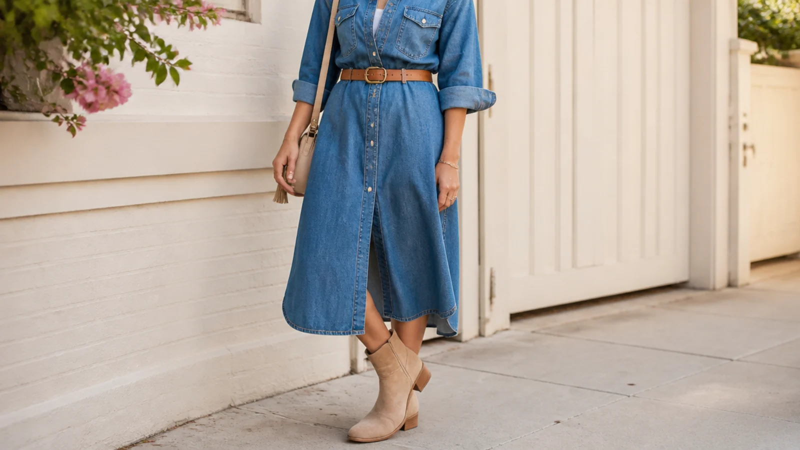 Faceless outfit with a belted denim shirt dress and low heeled boots for transitional weather