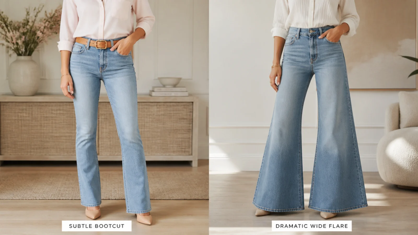 Faceless comparison of a subtle bootcut leg beside a dramatic wide-hemmed flare jean