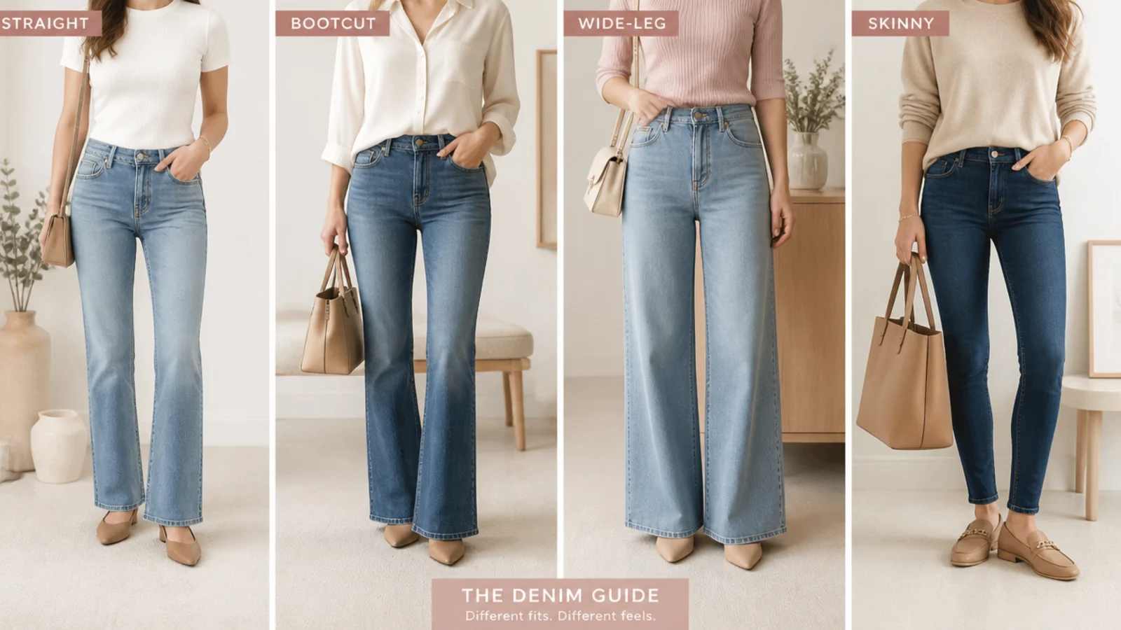 Faceless flat-lay of straight, bootcut, wide-leg and skinny jeans mapped to different shapes