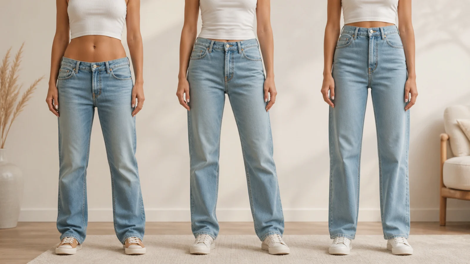 Faceless comparison of low-rise, mid-rise and high-rise jeans shown side by side