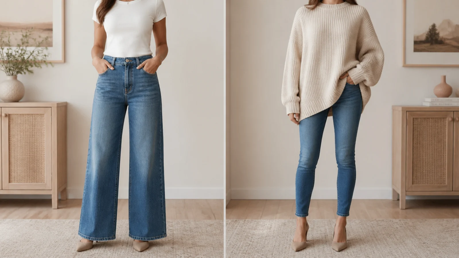 Faceless comparison of a tucked fitted top with wide-leg jeans beside an oversized knit with skinny jeans