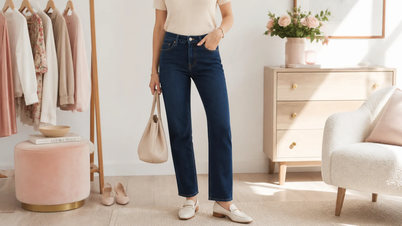 Faceless flat-lay of a mid-rise dark-wash straight-leg jean styled as a first denim purchase
