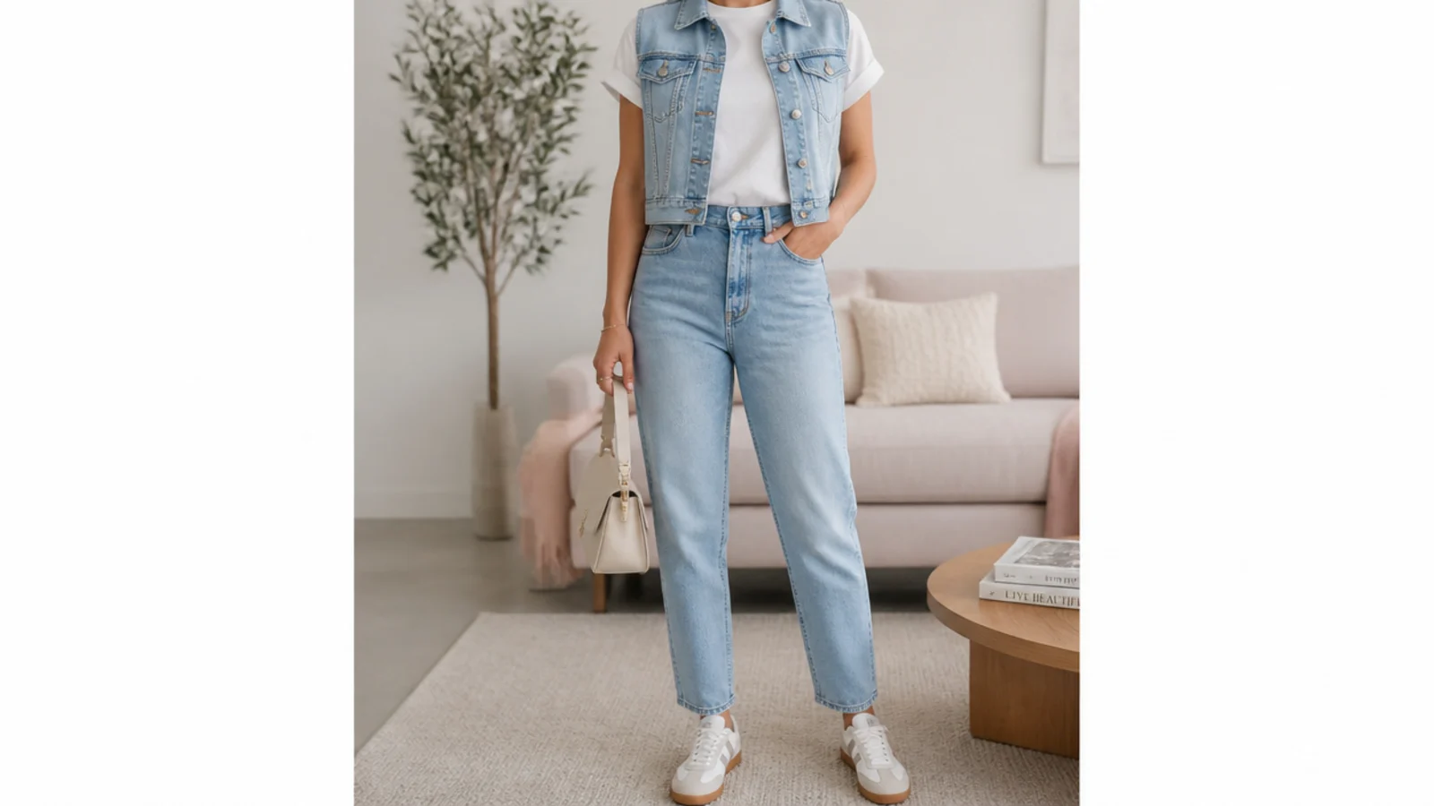 Faceless waist-up shot of a cropped light-wash denim vest over a white crew tee with high-rise straight jeans