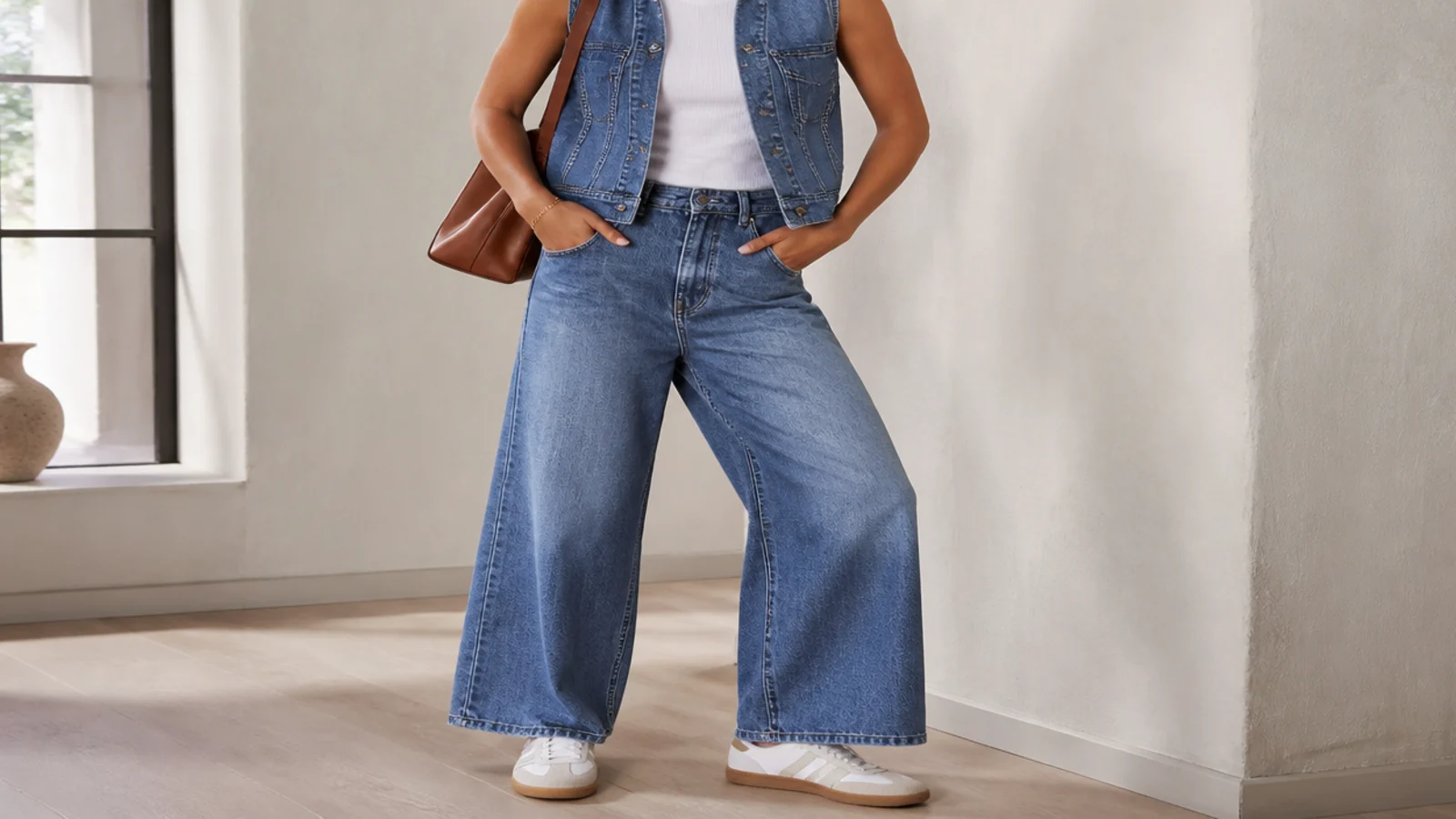 Faceless waist-up shot of a mid-wash denim vest over a white ribbed tank with wide-leg jeans