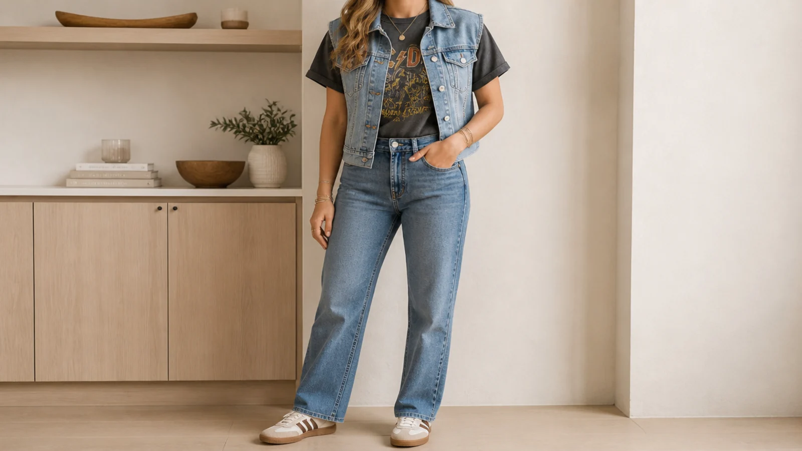 Faceless waist-up shot of a denim vest over a faded band graphic tee with straight jeans