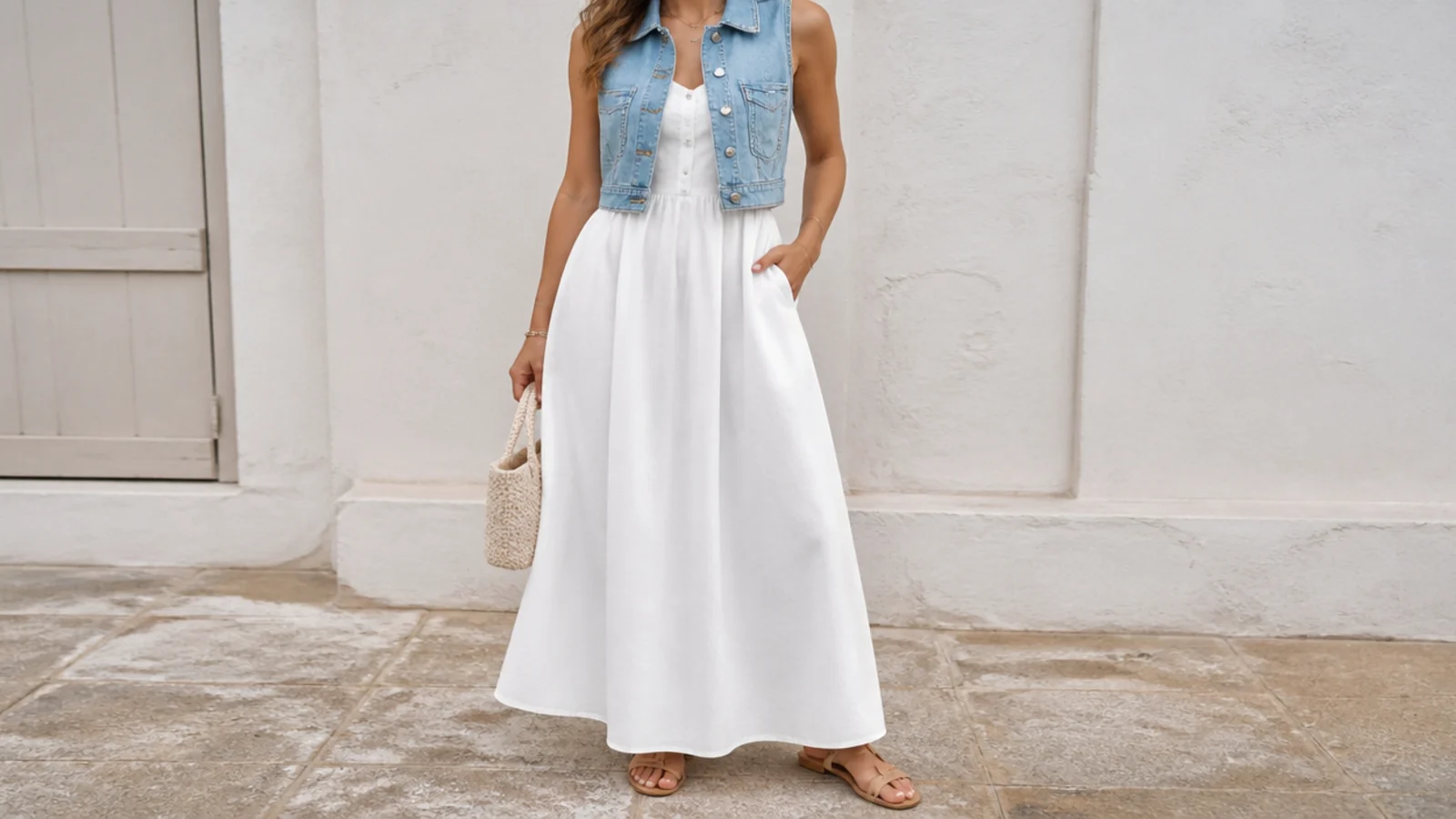 Faceless full-length shot of a cropped denim vest layered over a white cotton maxi dress with flat sandals